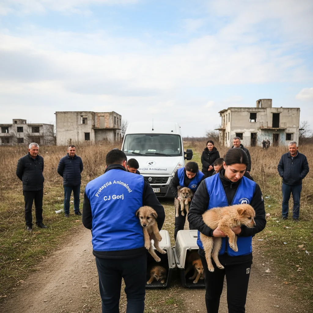 Căței abandonați la Bălești preluați de Protecția Animalelor Gorj