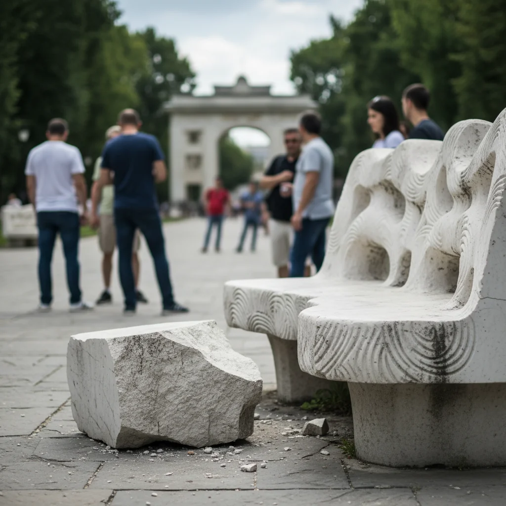 Fragment de piatră desprins dintr-o bancă a Ansamblului Brâncuși din Târgu Jiu: poliția a deschis anchetă