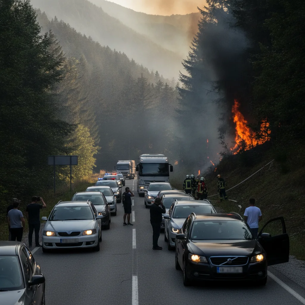 Incendiu în Domogled: DN 67D, ruta spre Târgu Jiu, închis din cauza căderilor de pietre