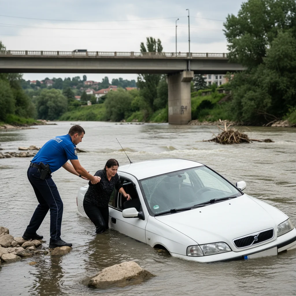 Intervenție de urgență la Târgu Jiu: doi polițiști salvează o femeie căzută cu mașina în râul Jiu