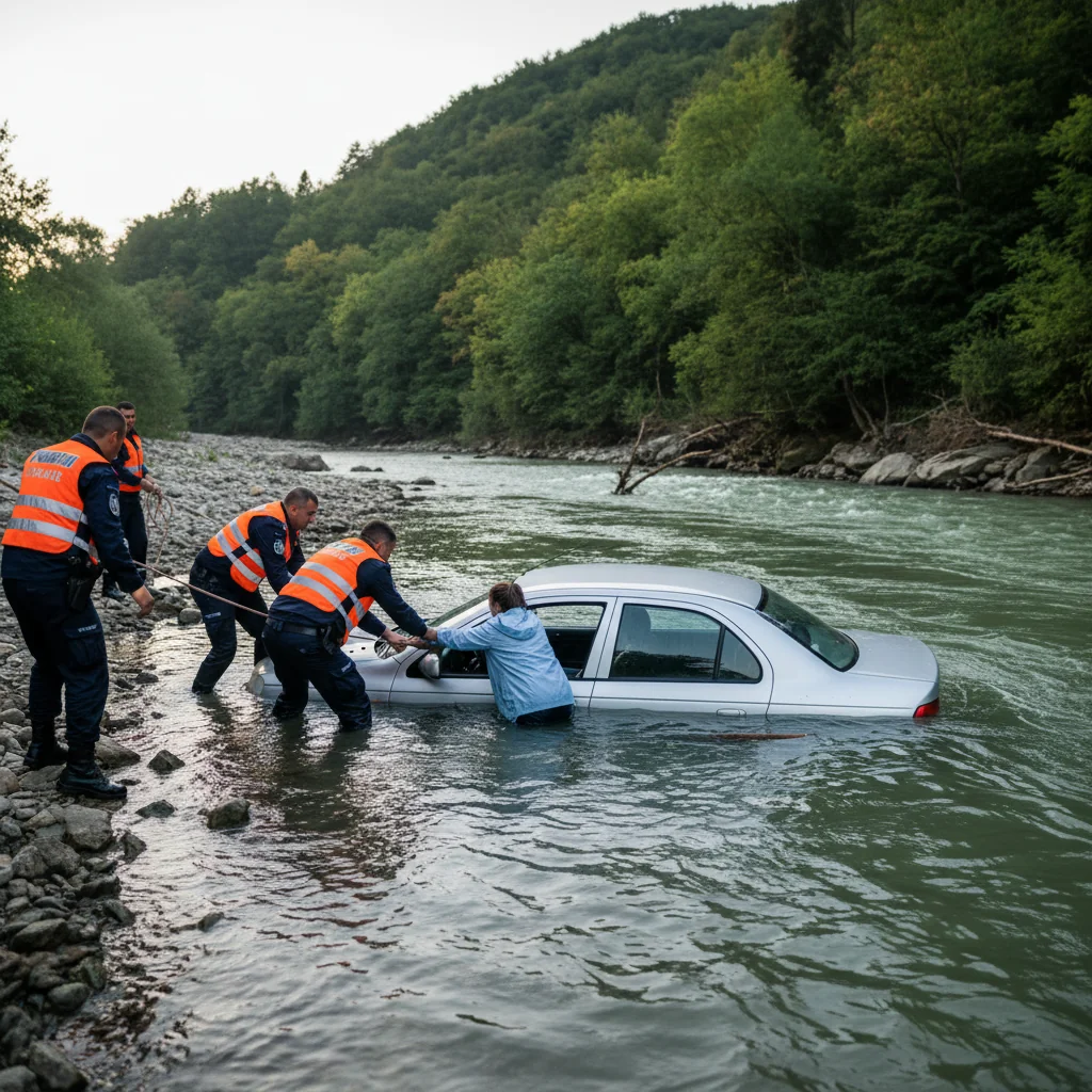 Intervenție de urgență la Târgu Jiu: polițiști sar în râul Jiu pentru a salva o femeie blocată în autoturism