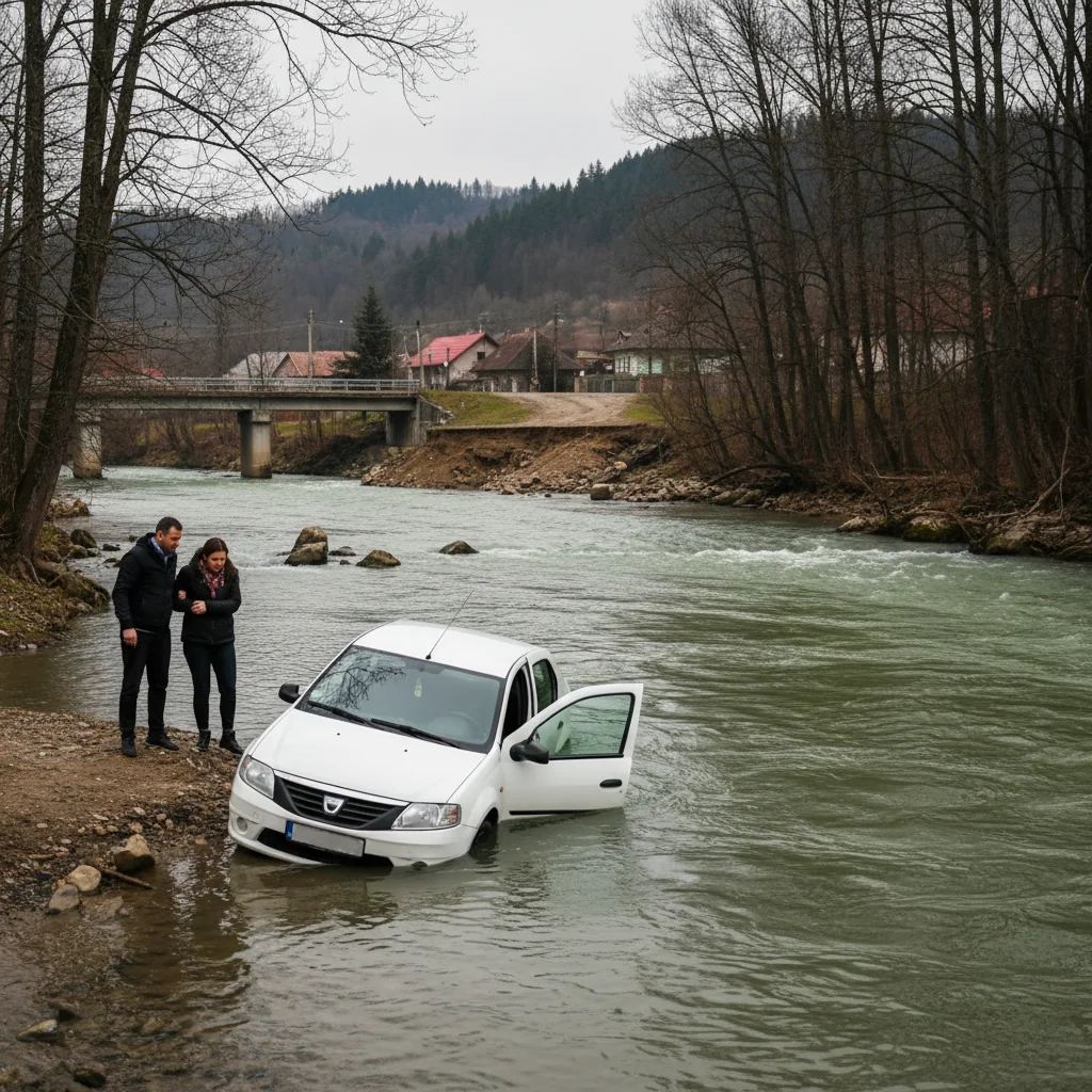 Mașină căzută în râul Jiu, două persoane s-au autoevacuat în siguranță