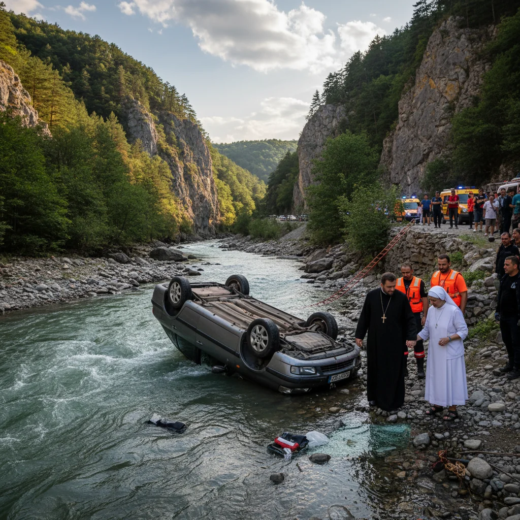 Mașina cu un preot și o măicuță s-a răsturnat în râu