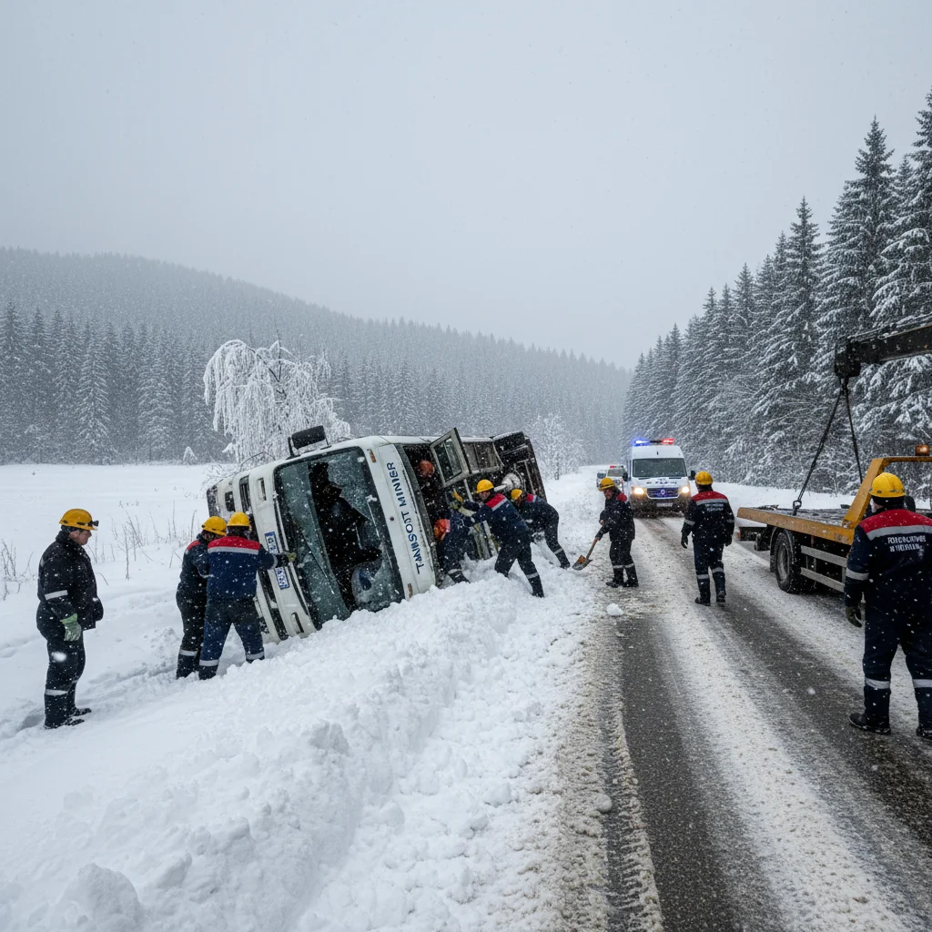 Microbuz cu mineri răsturnat lângă Târgu Jiu din cauza zăpezii, fără victime