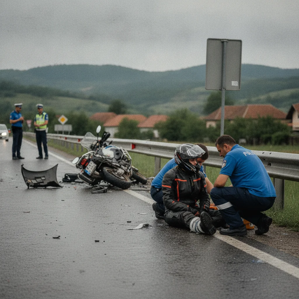 Motociclistă din Grecia, rănită pe DN 67 la Bengești-Ciocadia, după un viraj la stânga