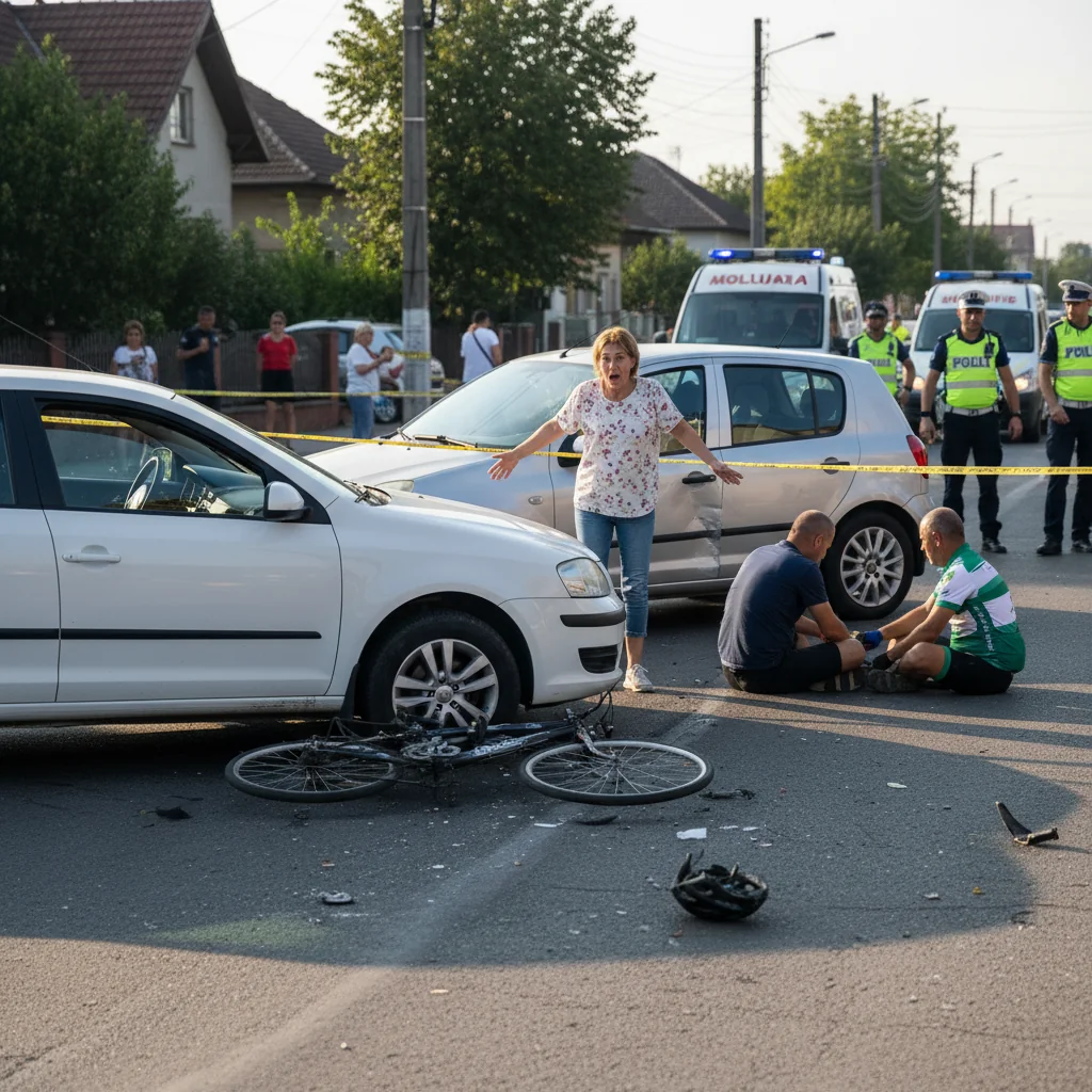 Șoferiță a lovit un biciclist și a avariat o mașină