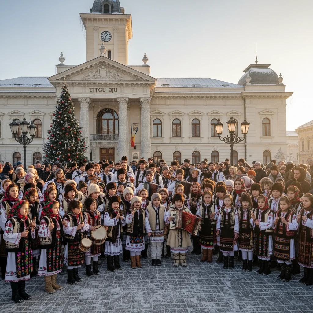 Sute de copii colindă la Primăria Târgu Jiu, aducând magie artistică în oraș