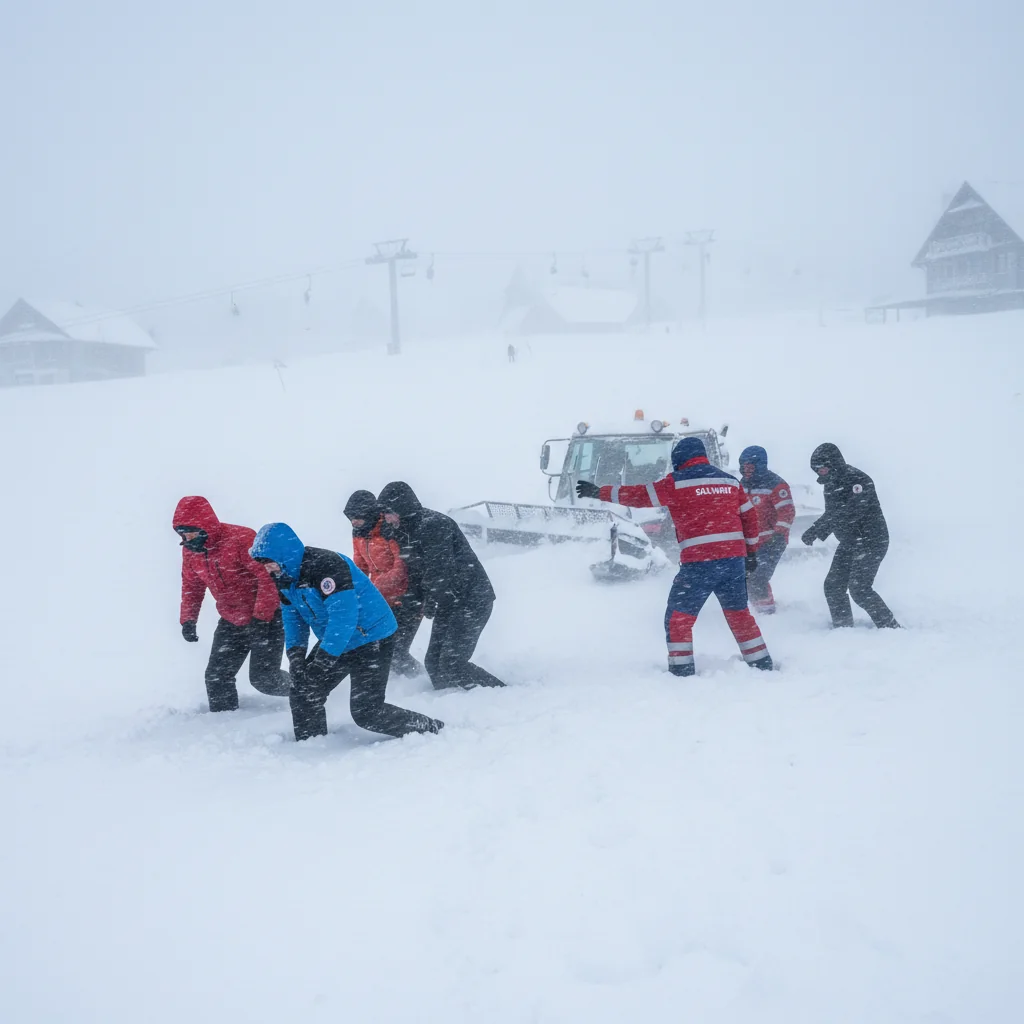 Turiști blocați în viscol la Rânca, salvați de echipele Salvamont
